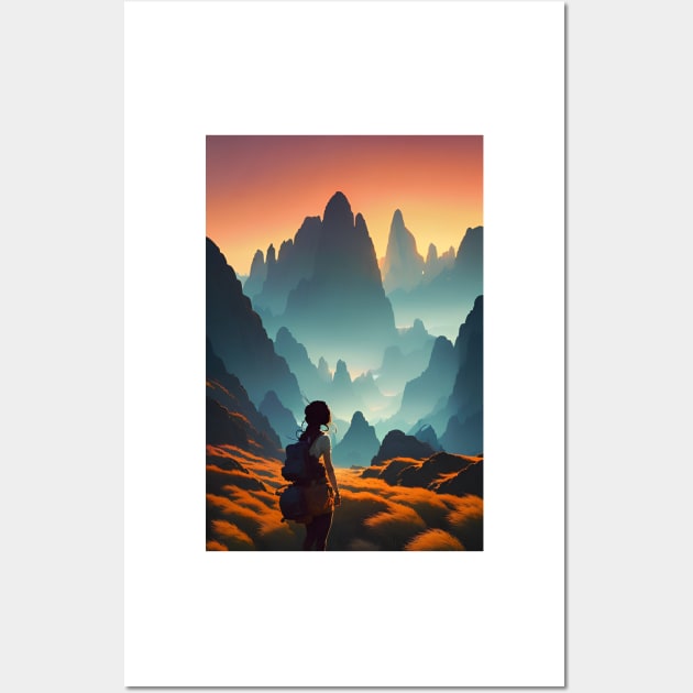 A Girl in Mountain Range at Sunset Anime Landscape Wall Art by Trendy-Now